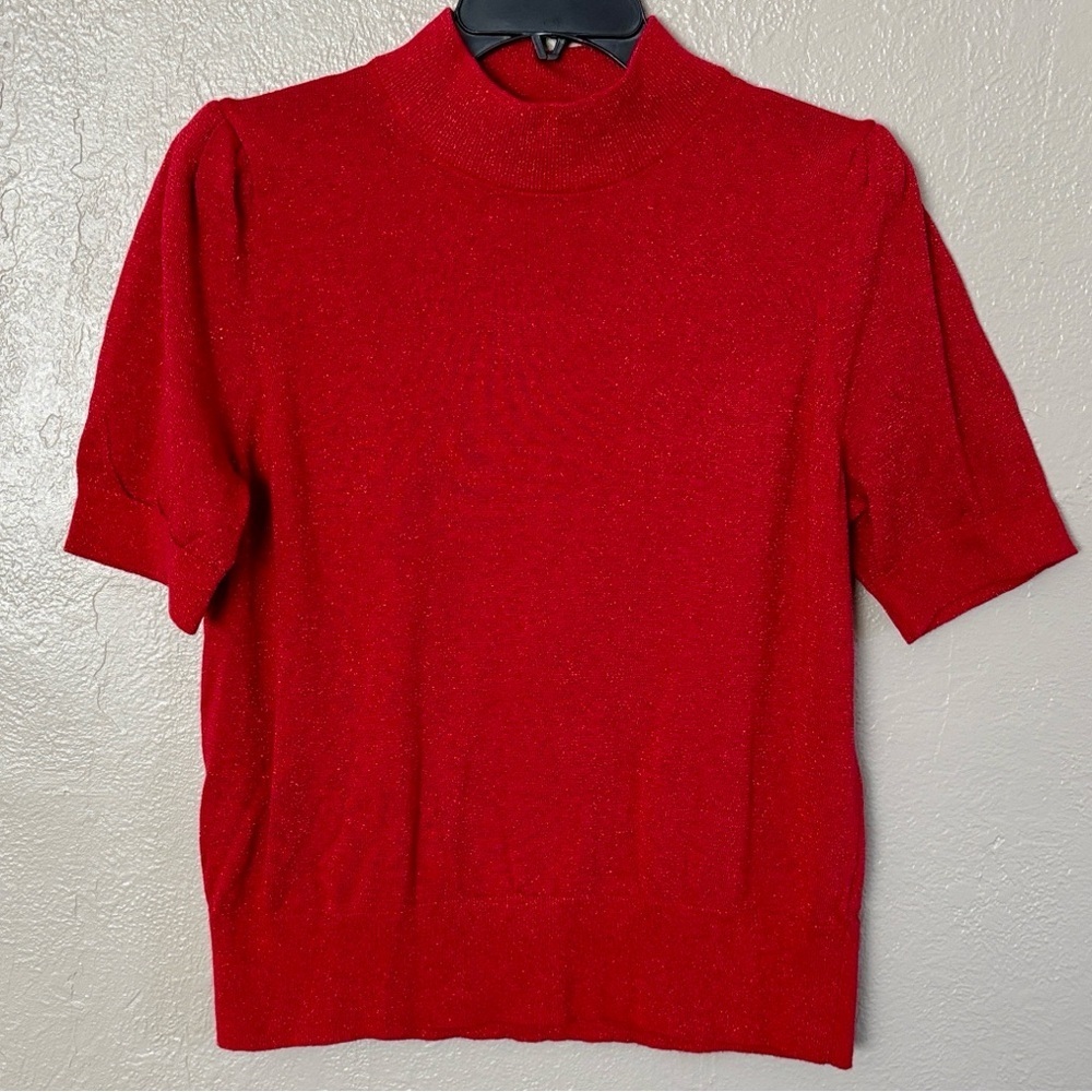 Michael Kors Red Glitter Mock Neck Knit Short Sleeve Lightweight Sweater Large